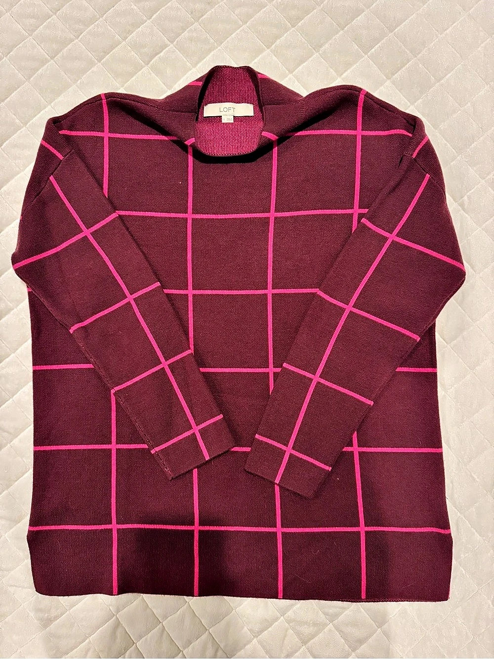LOFT Burgundy Hot Pink Windowpane Plaid Mock Neck Sweater L